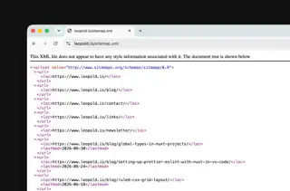 A sitemap.xml file for leopold.is displayed as an XML document in a web browser.