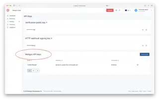 A screenshot of the Mailgun UI for API keys that points out where to find the API keys.